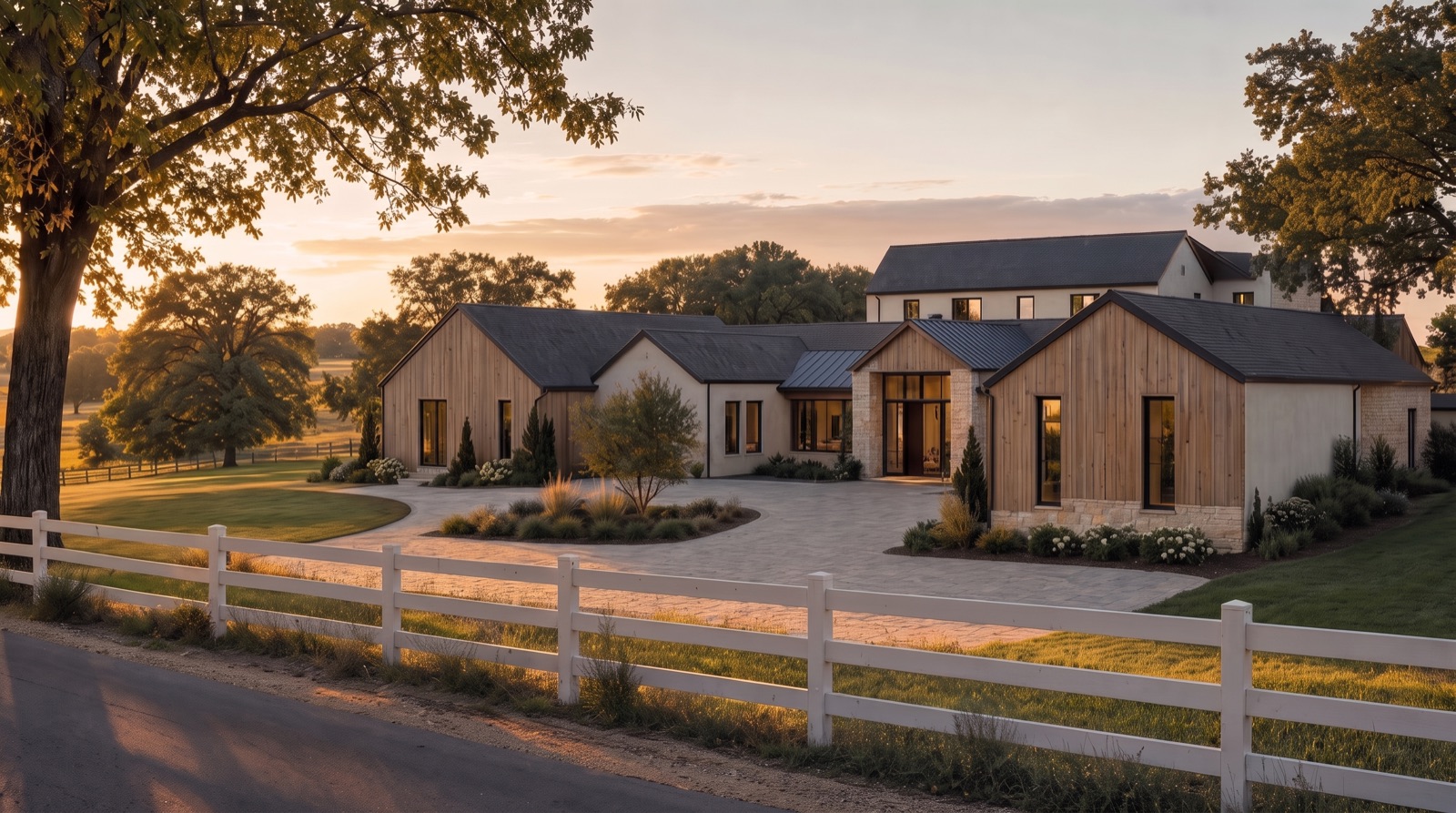 Concept rendering of the arrival at a long, low contemporary ranch home behind a white three-rail fence and gravel motor court