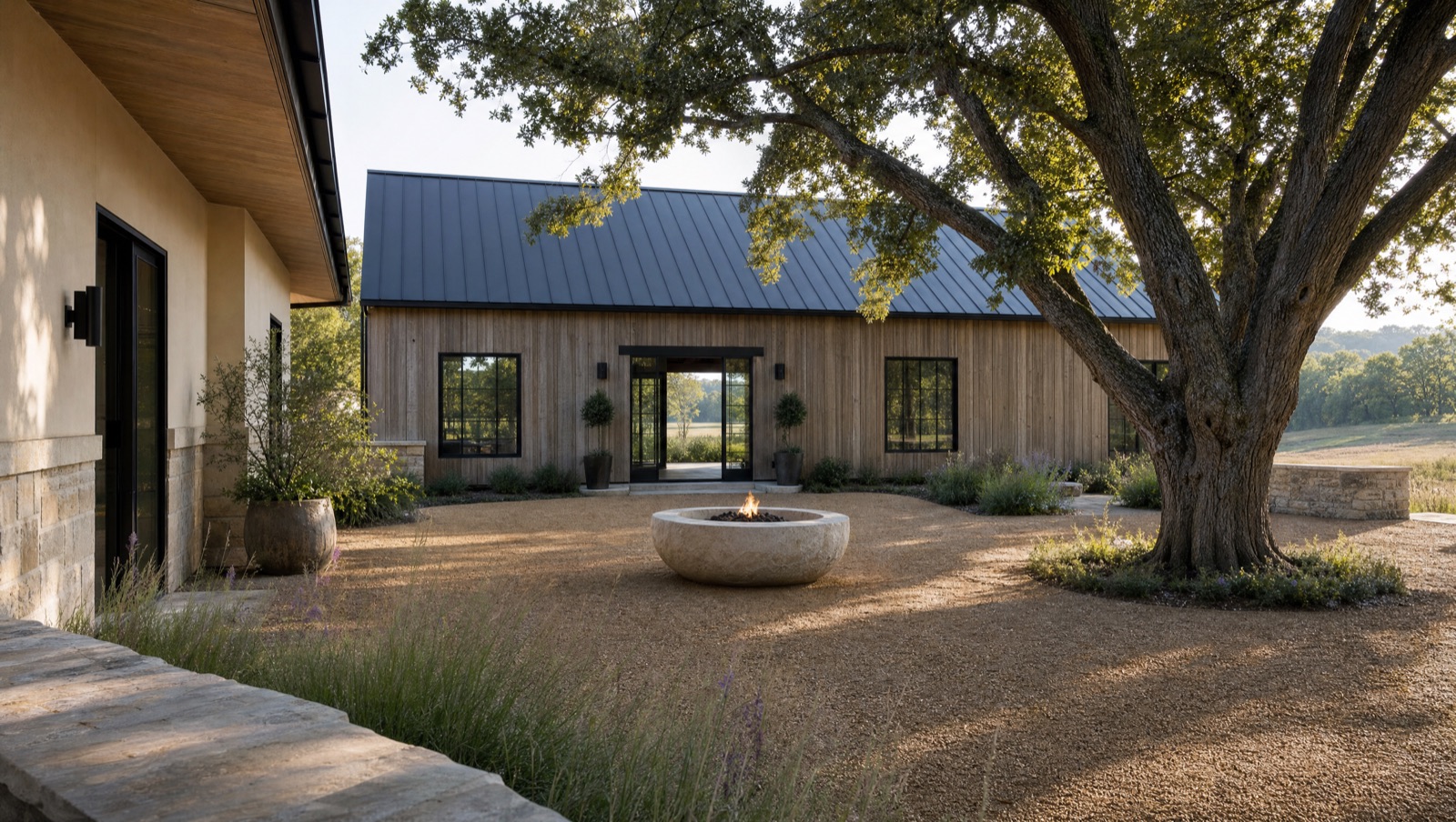 Concept rendering of a courtyard built around a retained oak, with a stone fire bowl and timber barn beyond