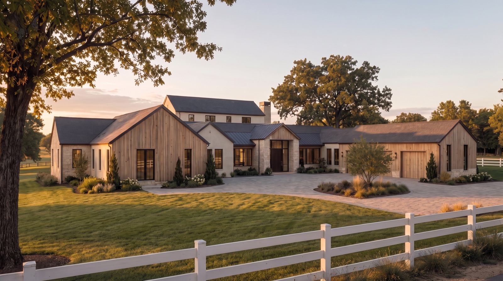Concept rendering of the front corner elevation of a contemporary ranch home with board-formed concrete and timber