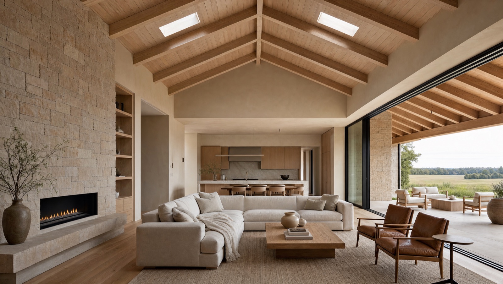Concept rendering of the great room, a planked vaulted ceiling, skylights, and a stone hearth