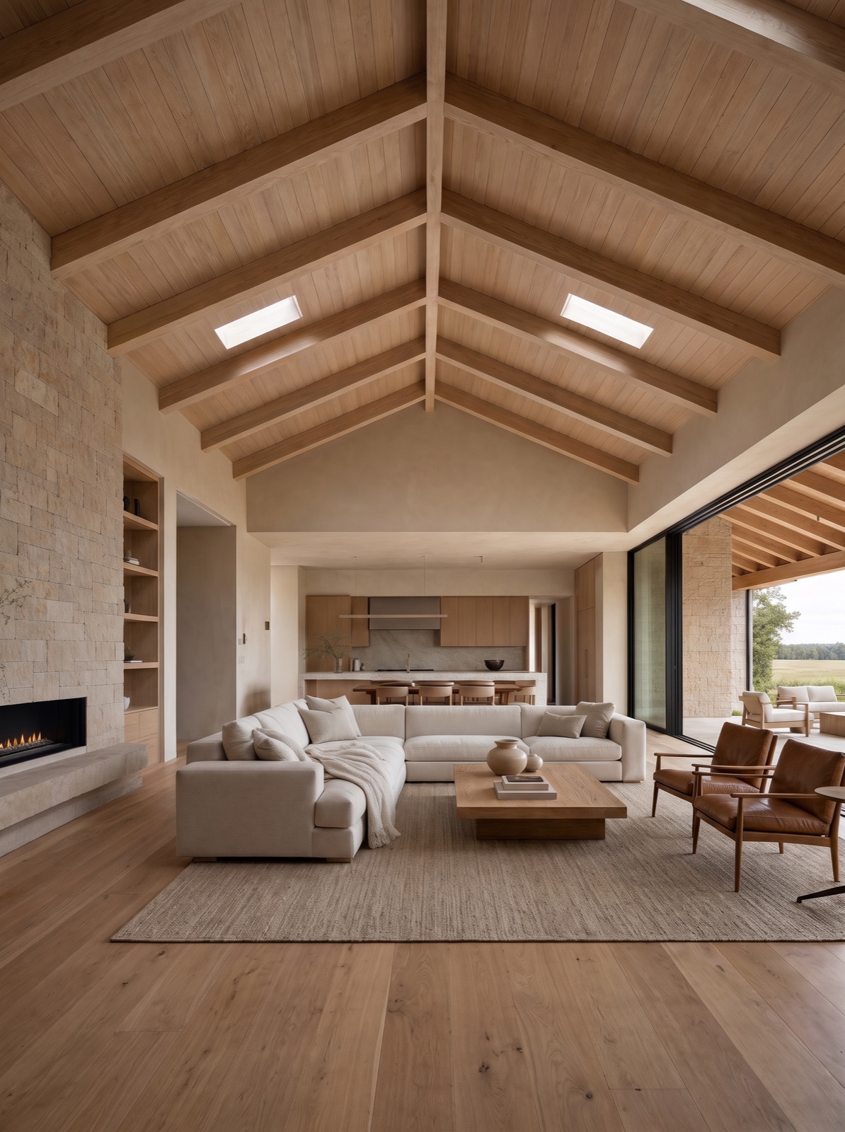 Concept rendering of the stone hearth and vaulted ceiling in the great room