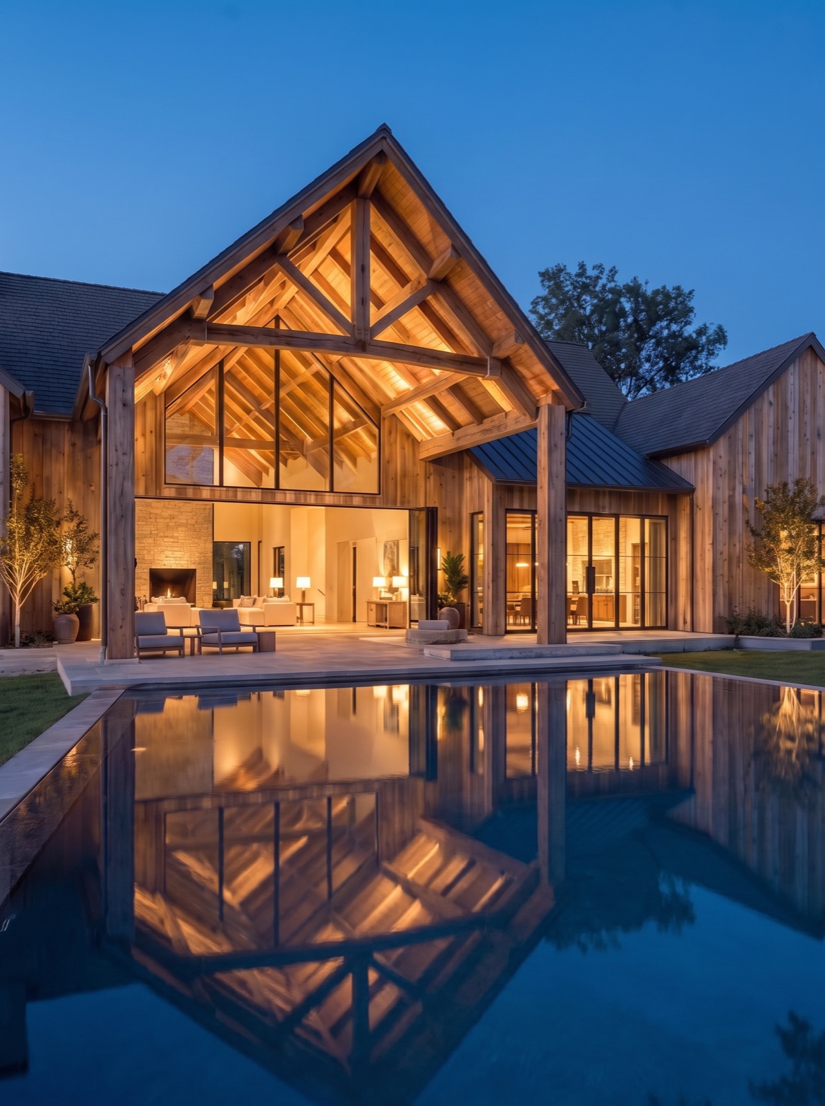 Concept rendering of the zero-edge pool and timber loggia at dusk