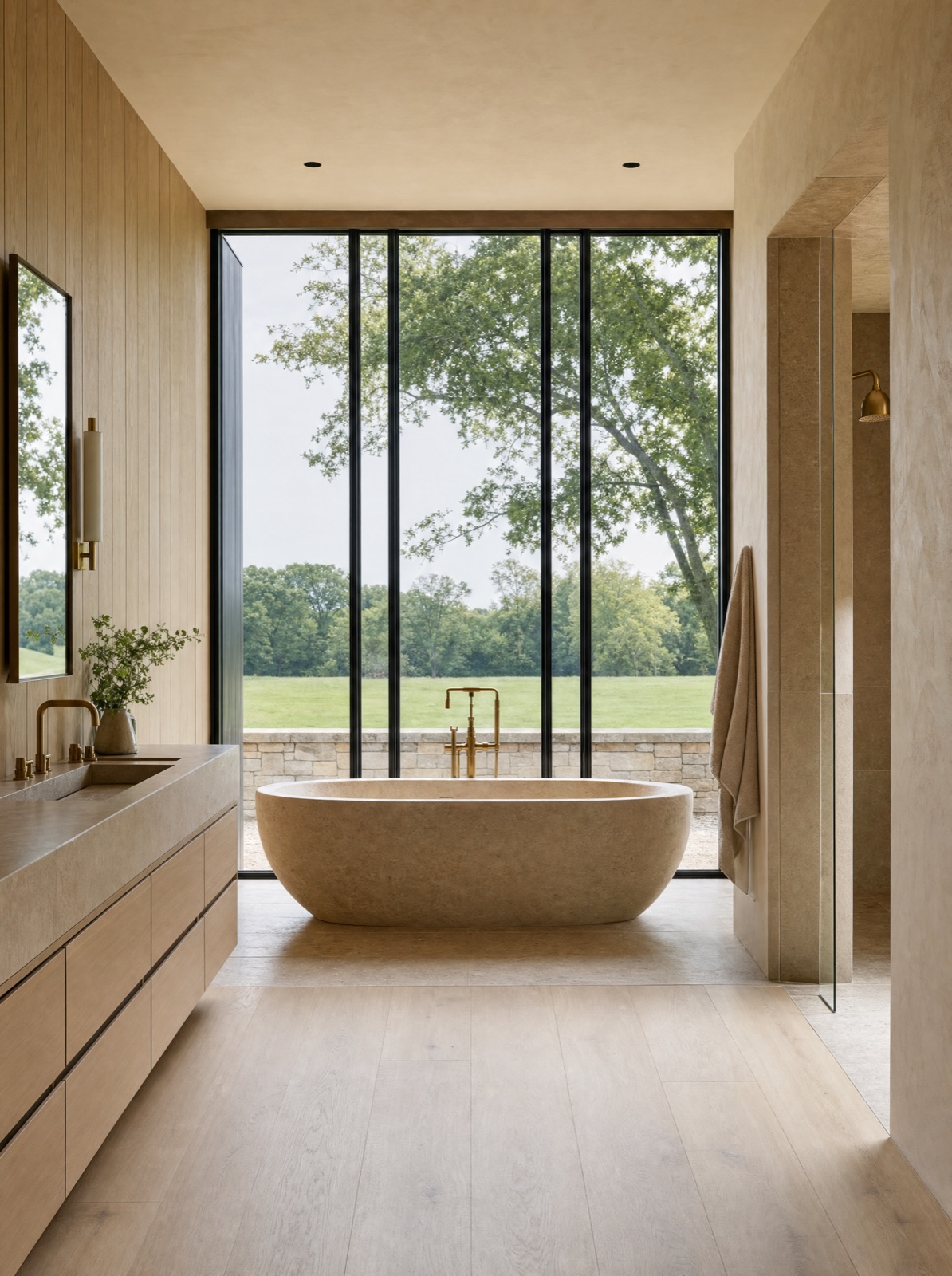 Concept rendering of the primary bath, a carved stone soaking tub at a steel-framed window wall