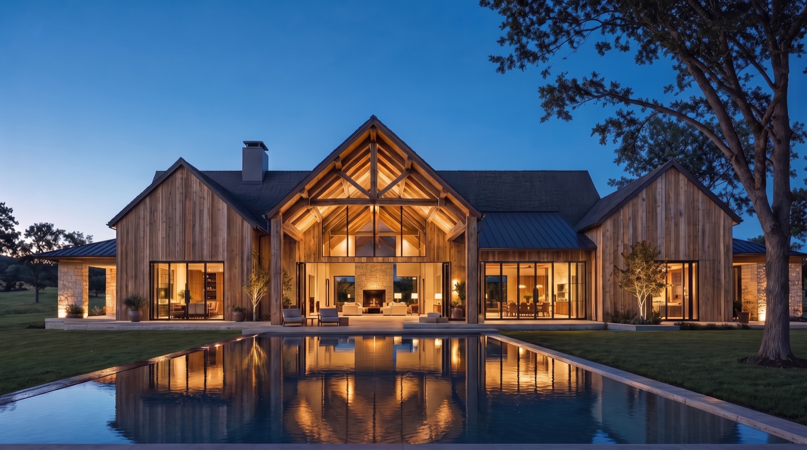 Concept rendering of the rear of a contemporary ranch home at dusk, a glazed gable and timber loggia over a zero-edge pool