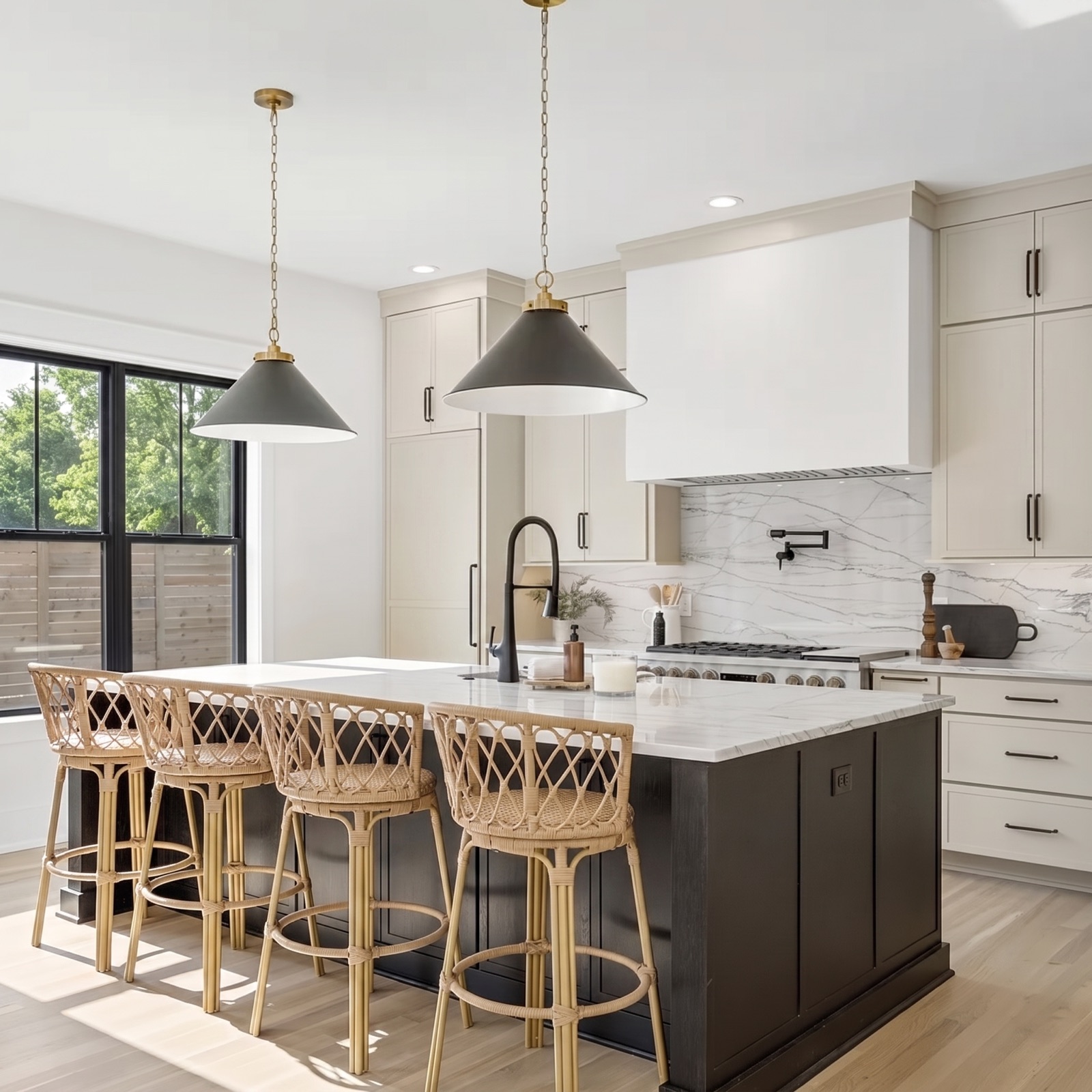 Transitional kitchen with black island, marble backsplash, and rattan counter stools, Nashville custom home