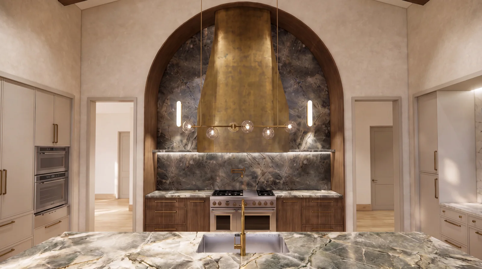 An arched brass range hood, stone backsplash and walnut cabinetry — architectural visualization