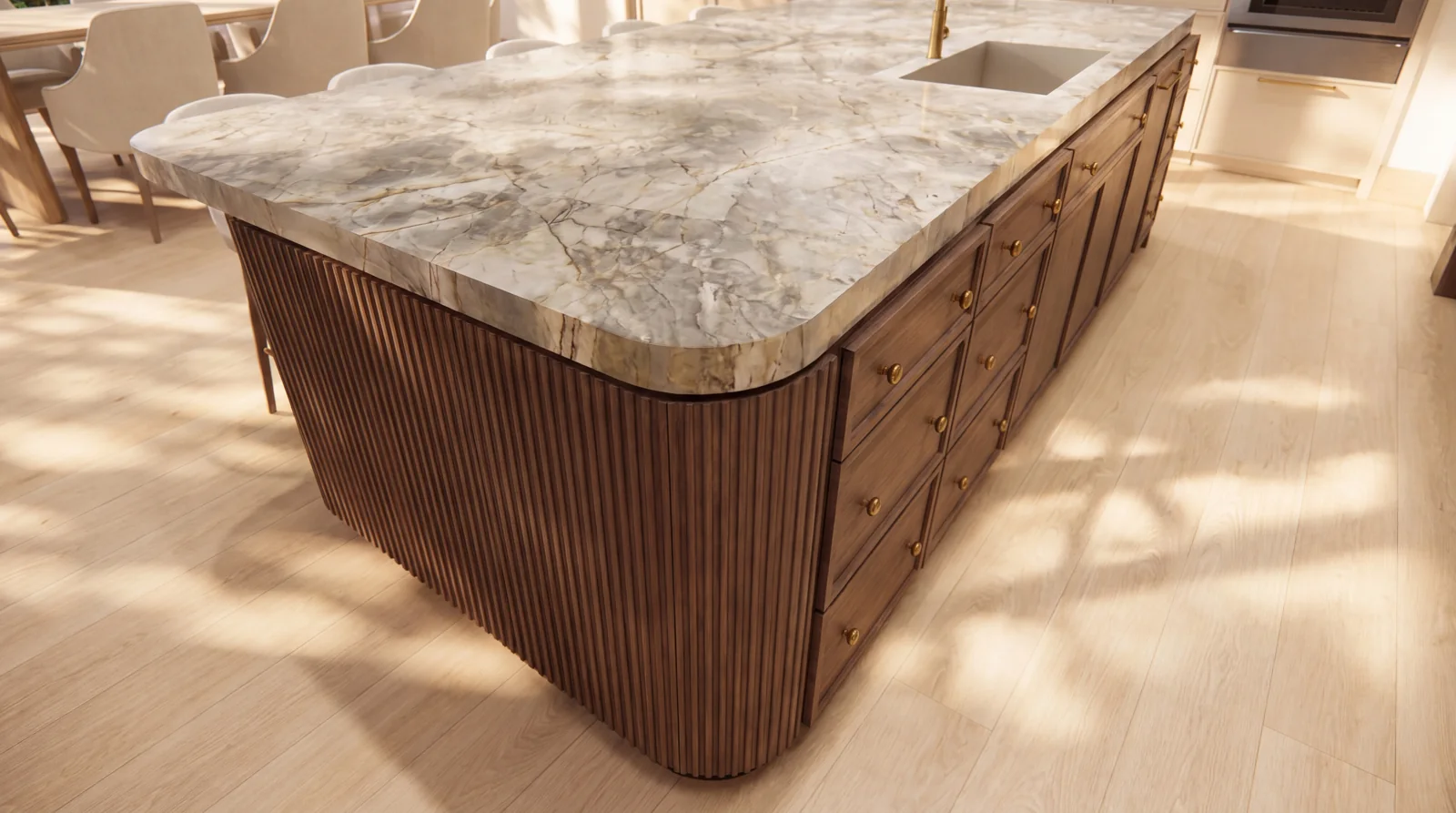 A stone kitchen island with fluted walnut joinery — architectural visualization