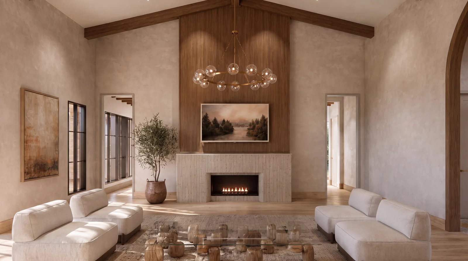 A vaulted great room with timber beams and a stone fireplace — architectural visualization