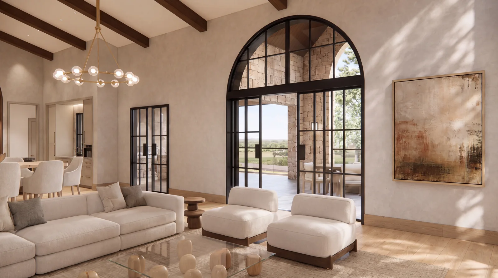 Arched glass doors linking the great room to the covered porch — architectural visualization