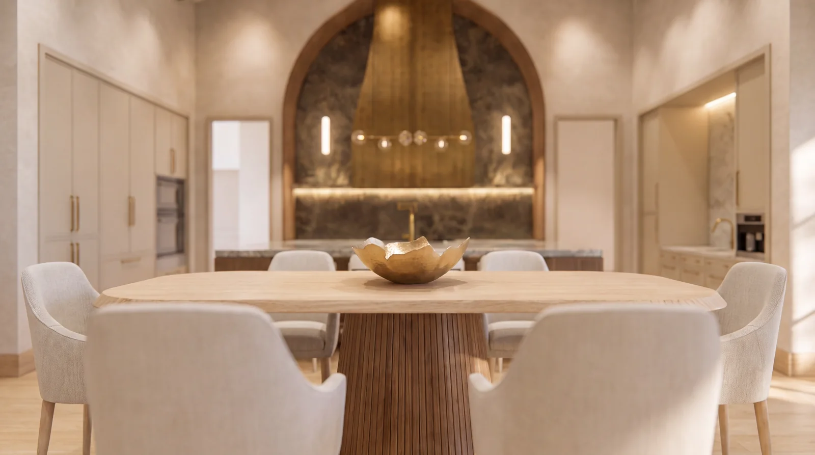 The dining table and kitchen under a warm timber ceiling — architectural visualization