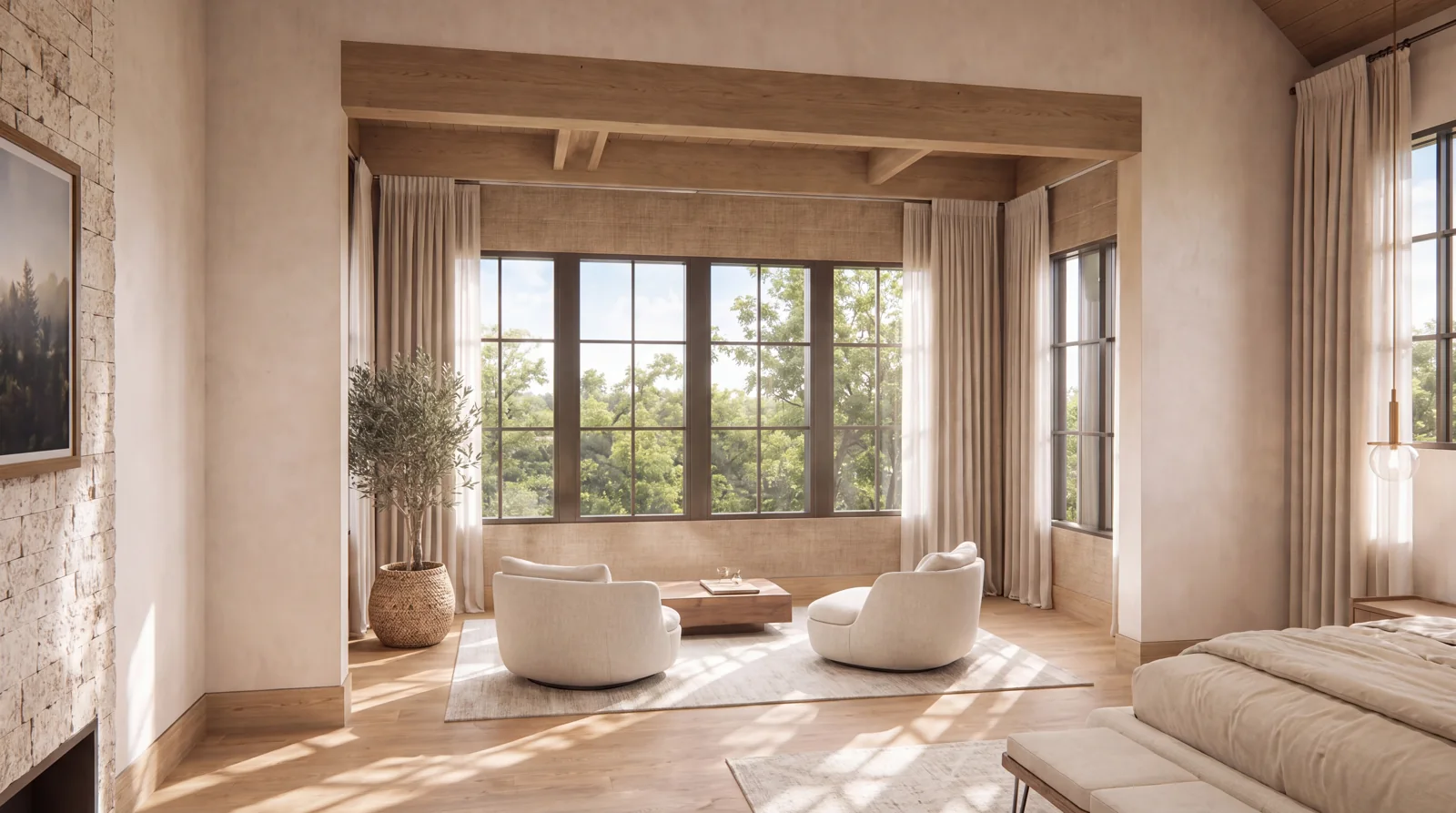 The primary suite sitting bay filled with daylight — architectural visualization