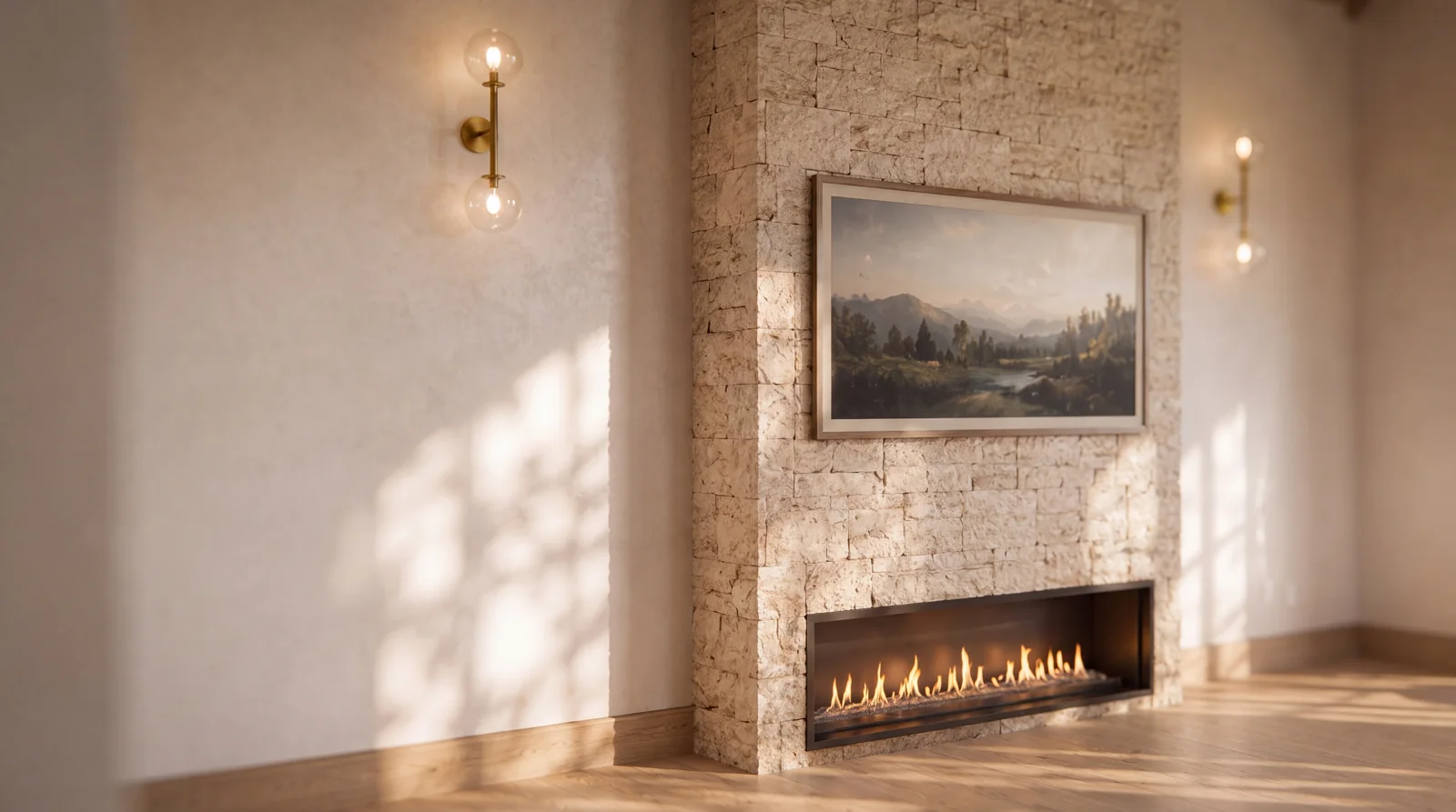 The primary bedroom fireplace in soft afternoon light — architectural visualization