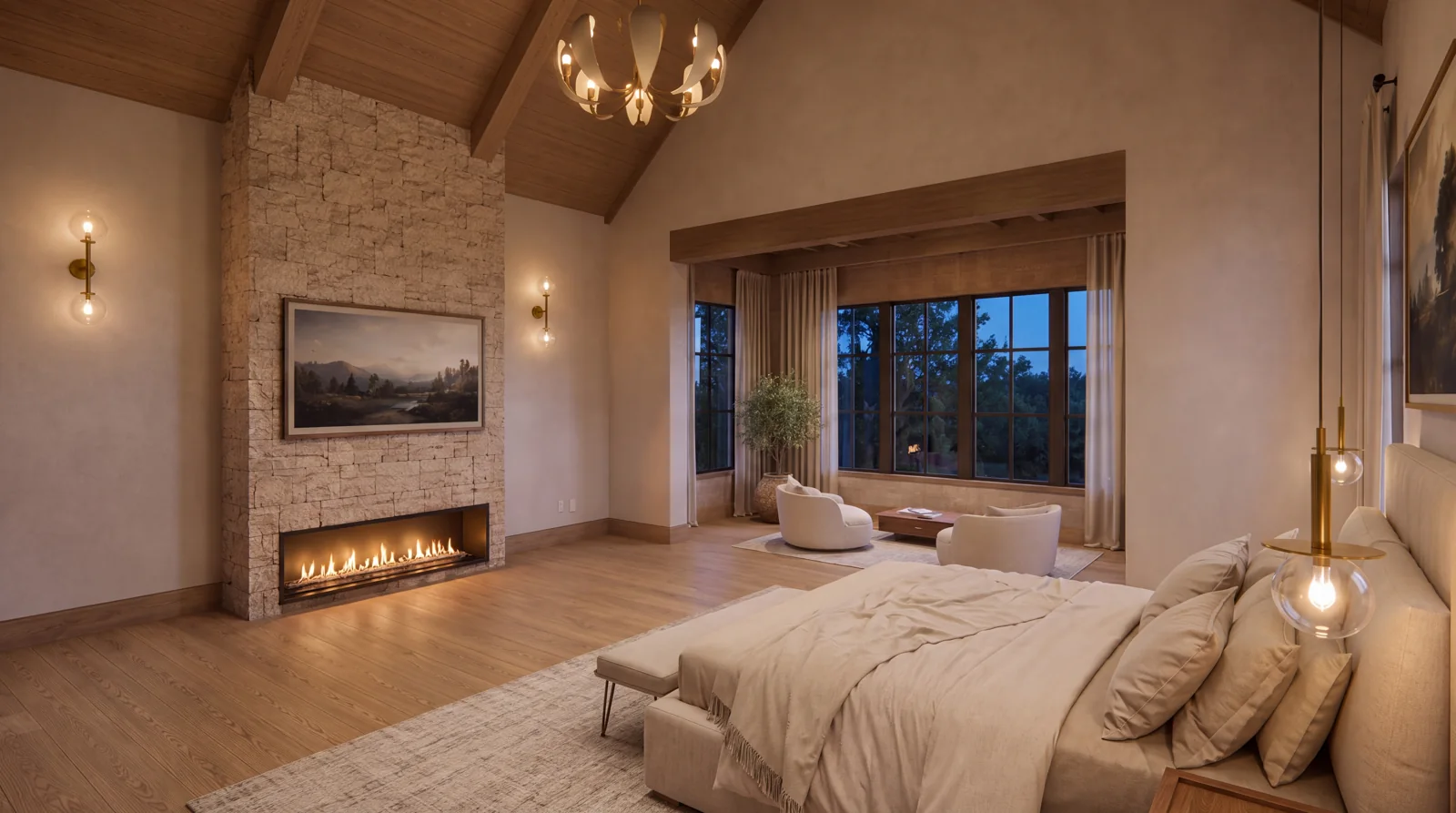 The primary bedroom with its fireplace lit at dusk — architectural visualization