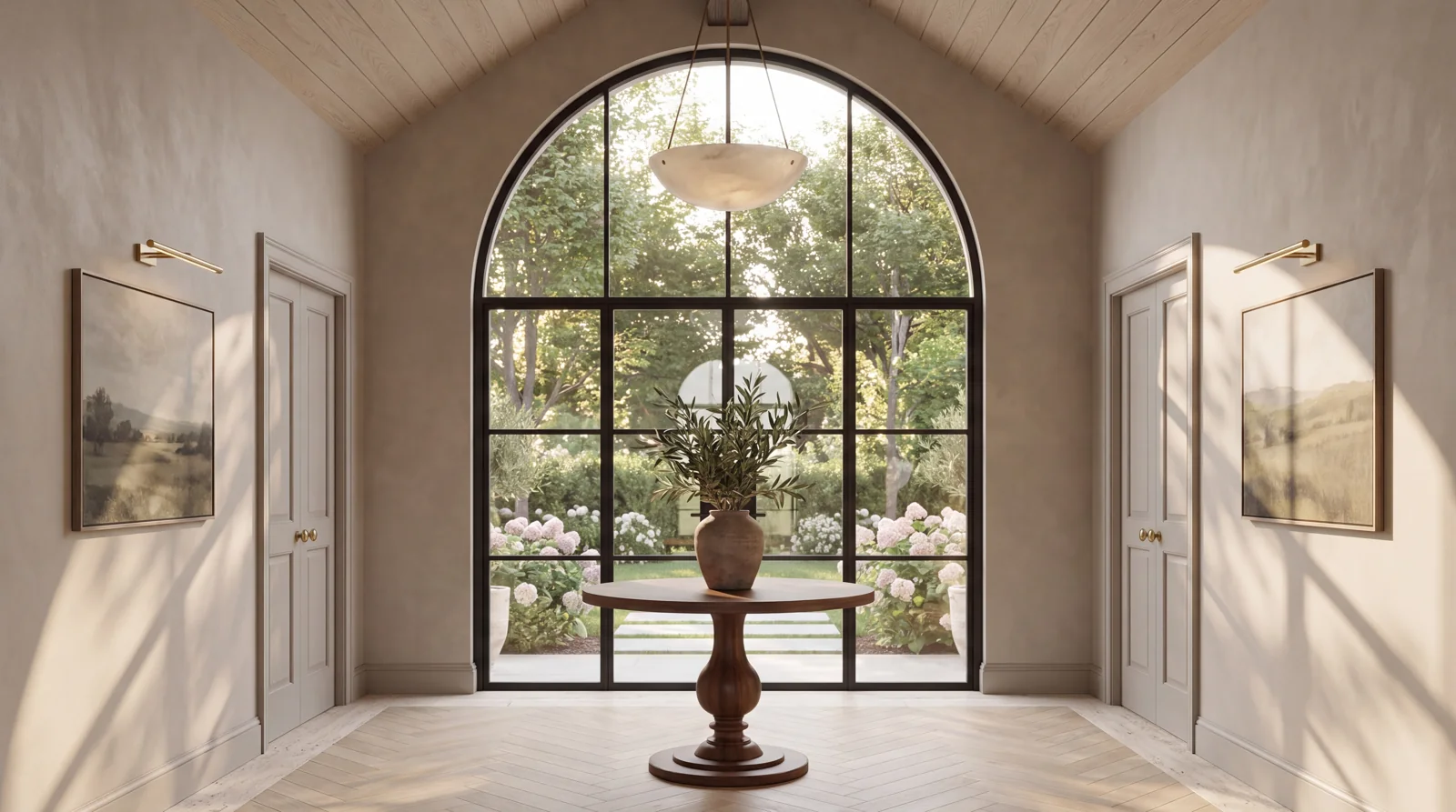 The foyer looking toward the arched front entry — architectural visualization