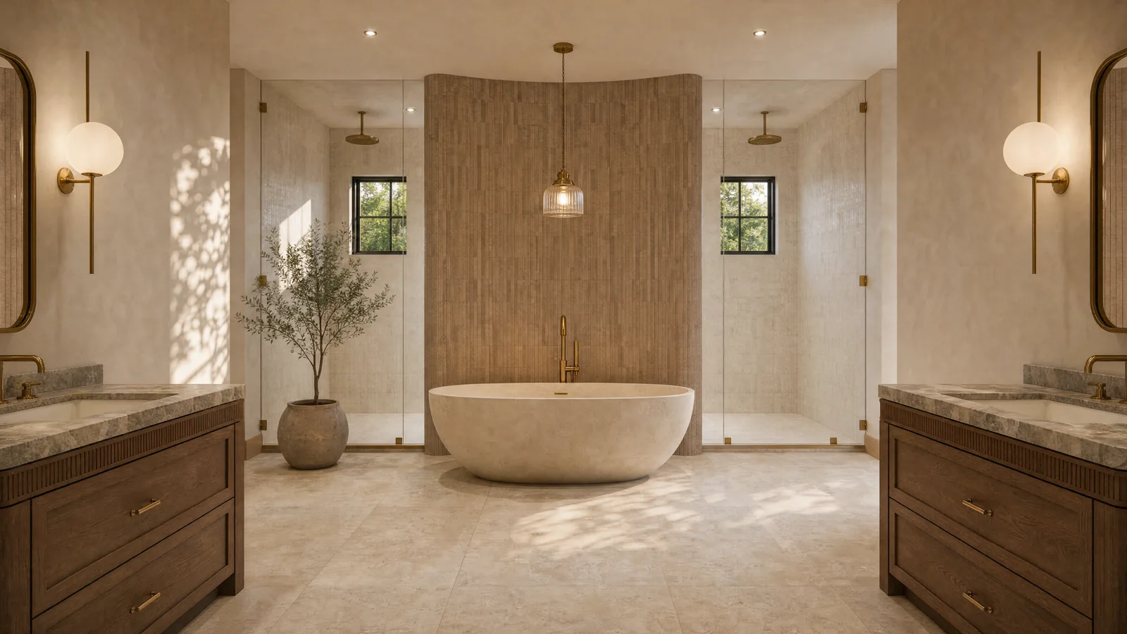 A freestanding bathtub framed by warm stone and arched architecture — architectural visualization