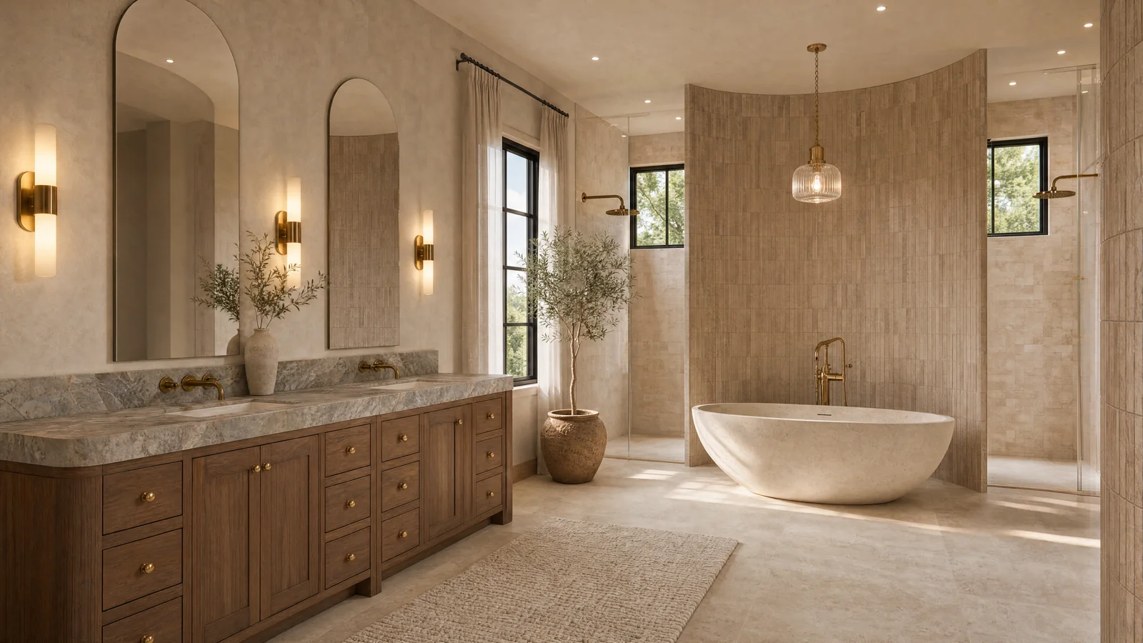A walnut vanity, paired mirrors and the primary bathtub — architectural visualization
