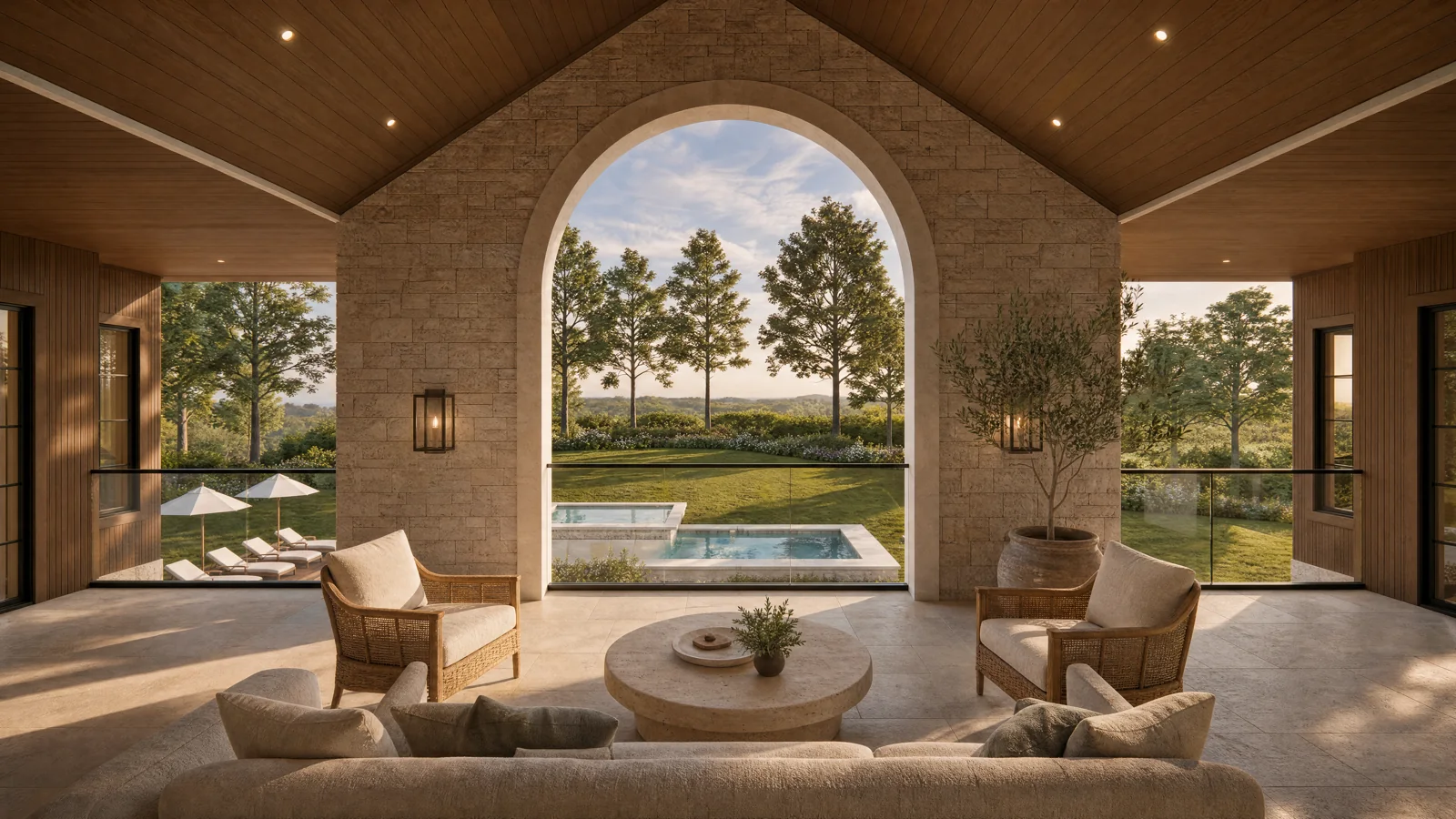 A covered porch overlooking the pool and garden — architectural visualization