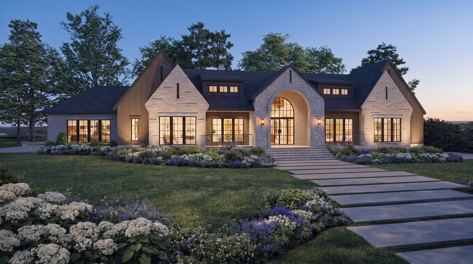 The stone façade and front garden at blue hour — architectural visualization