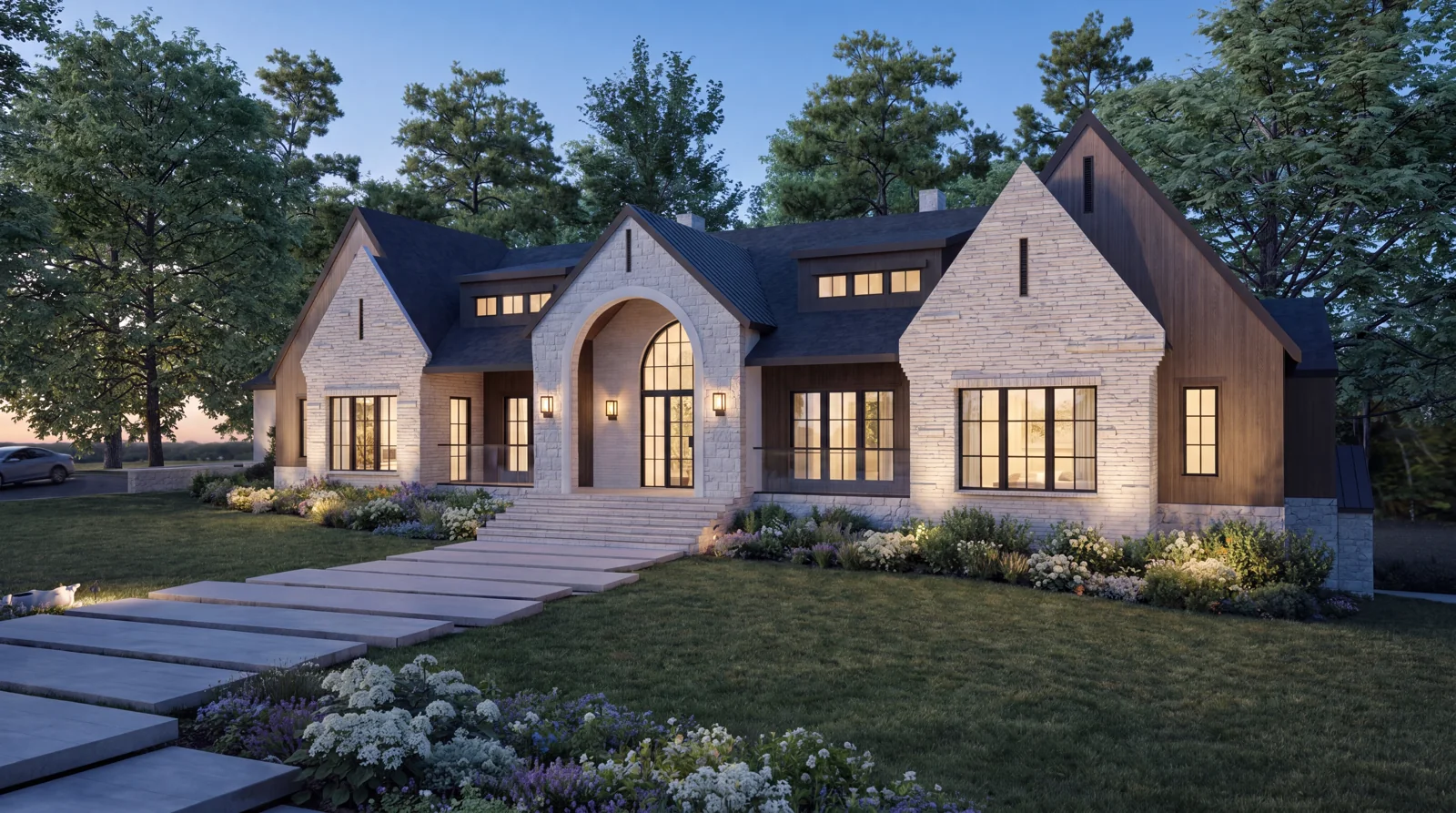 A view of the front elevation from the right at dusk — architectural visualization