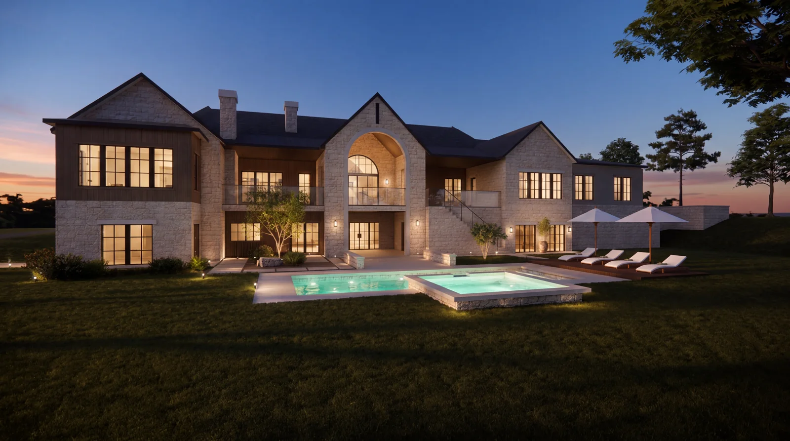 The rear of the home overlooking an illuminated pool and spa — architectural visualization