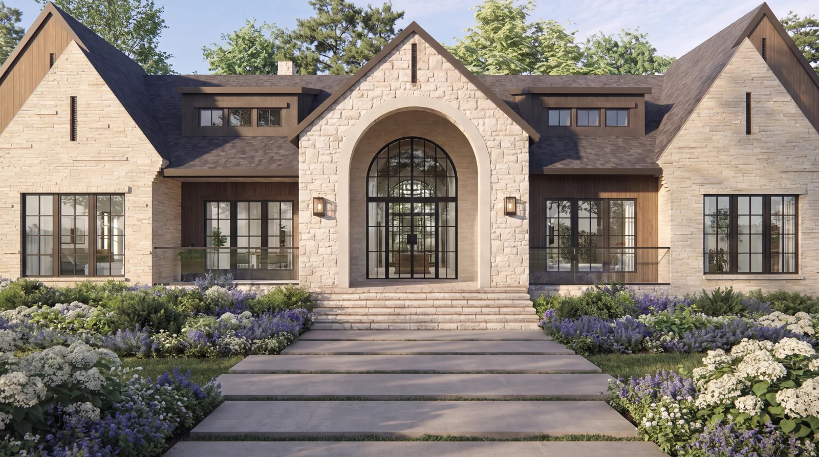 The arched stone entrance and landscaped front walk — architectural visualization