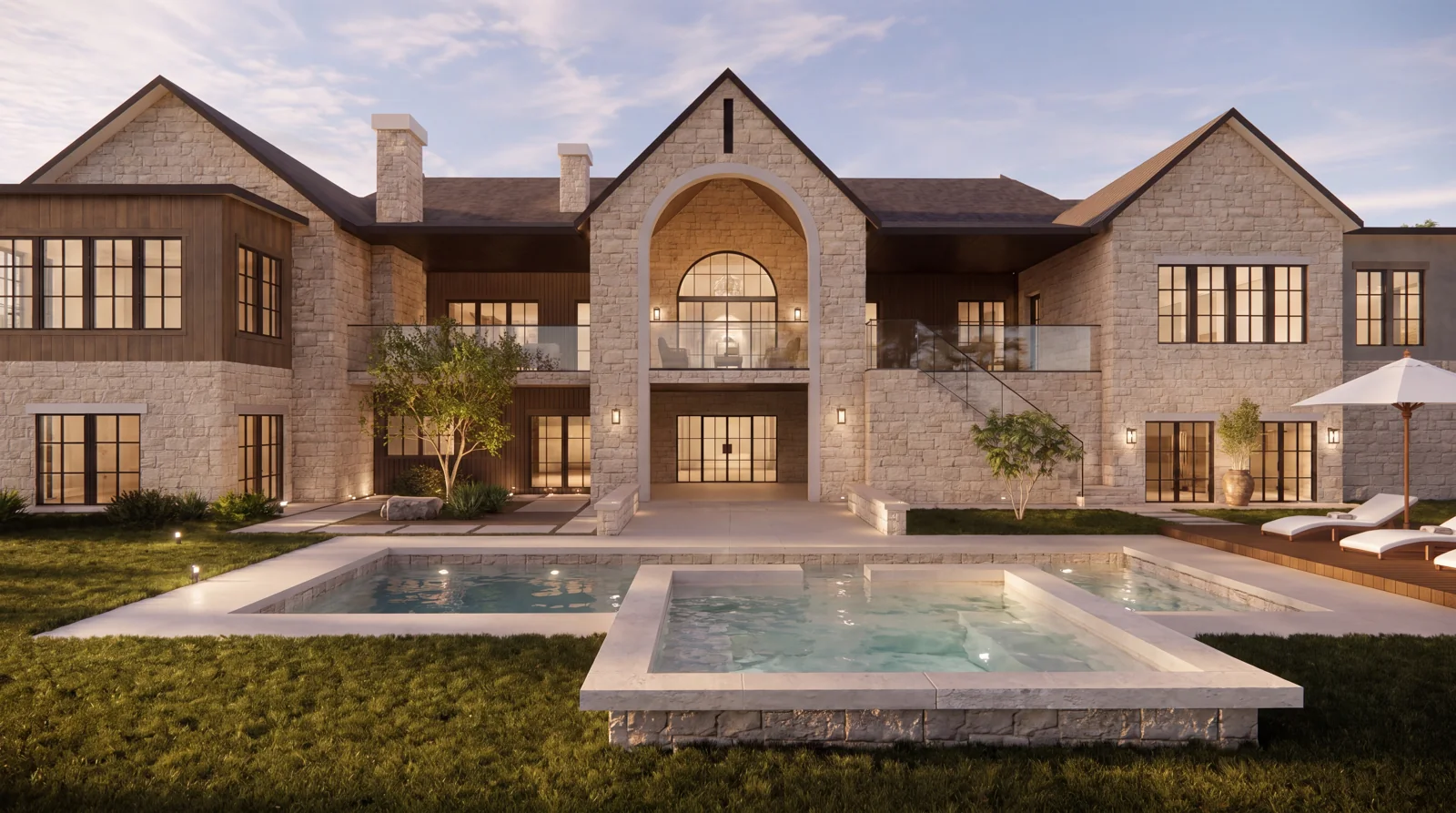 The rear stone arch overlooking the swimming pool — architectural visualization