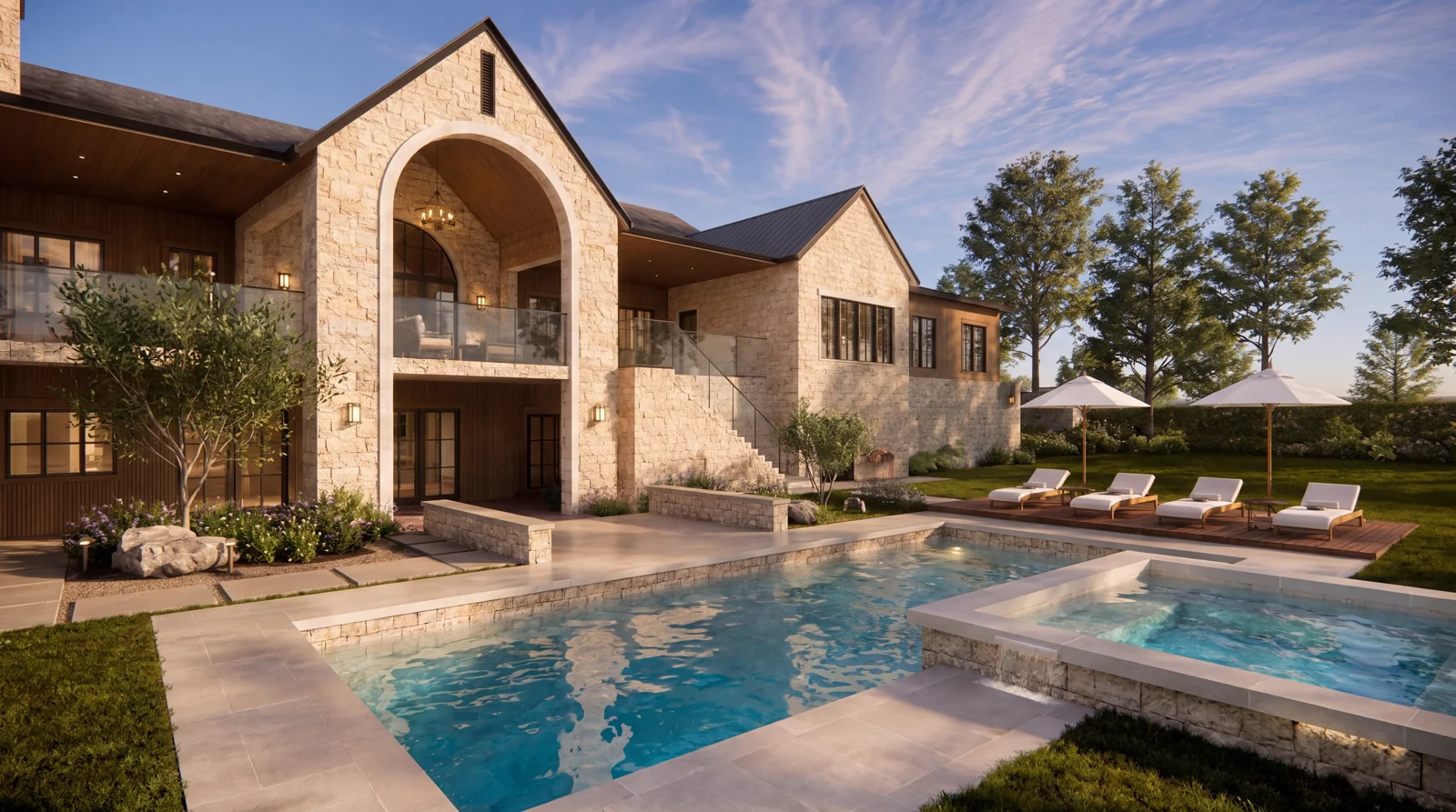 A swimming pool and raised spa beside the stone exterior — architectural visualization