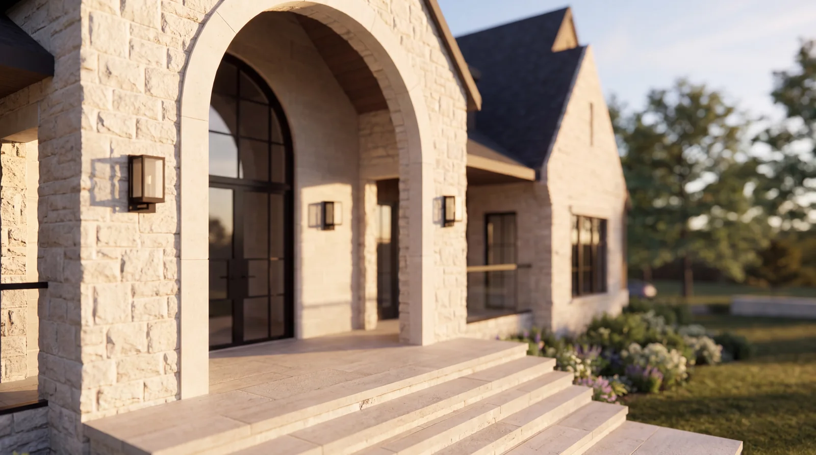 The texture of the stone entrance arch — architectural visualization