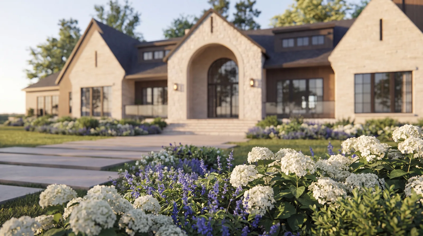 White flowers and layered planting at the front of the home — architectural visualization